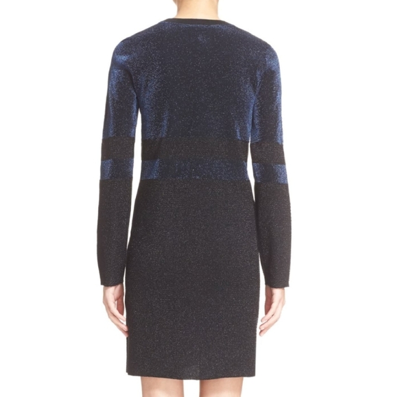 Tory Burch metallic blue / black shimmer striped wool Sheath dress size small - Picture 4 of 14